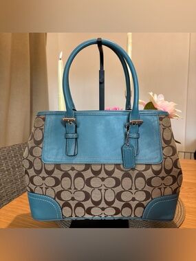 Coach Khaki and Turquois Signature Jacquard And  Leather Satchel F11220